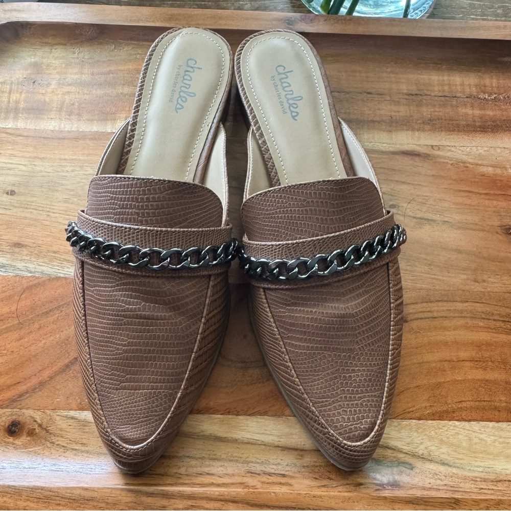 CHARLES Brown Pointed Toe Mule Flats Chain Detail Slip On Shoes Womens 8 - Picture 4 of 6